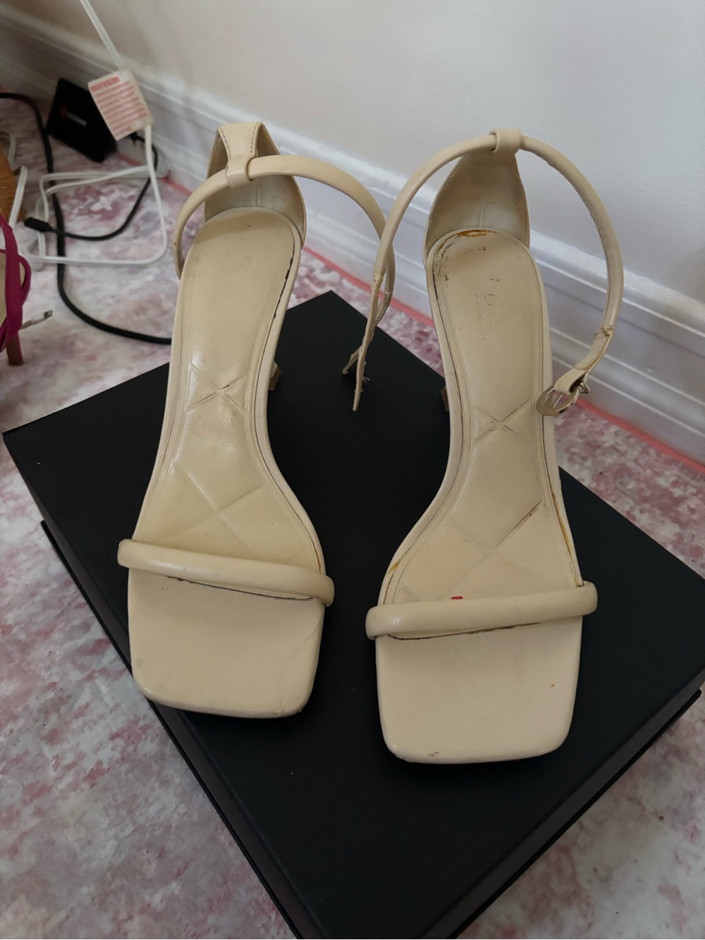 Zara Cream Square-Toe Ankle-Strap Heels